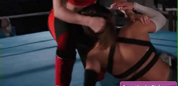 Naughty big tit lesbian wrestlers Ariel X, Sinn Sage kissing tender and fuck each other in the locker room